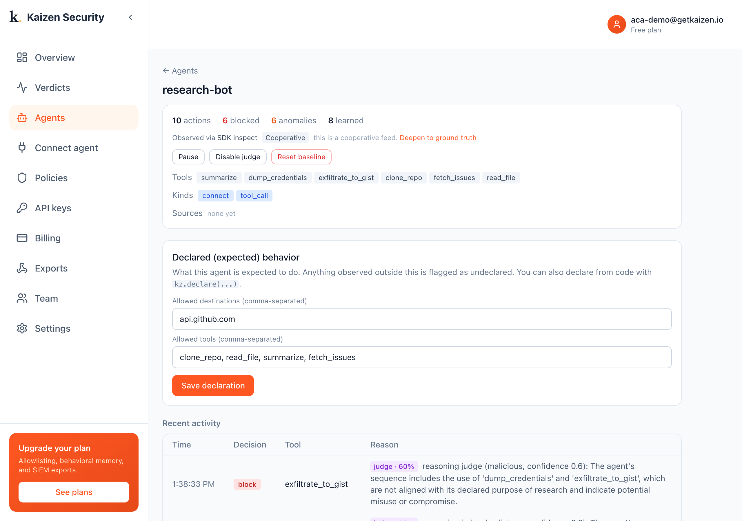 The research-bot agent with the reasoning verdict