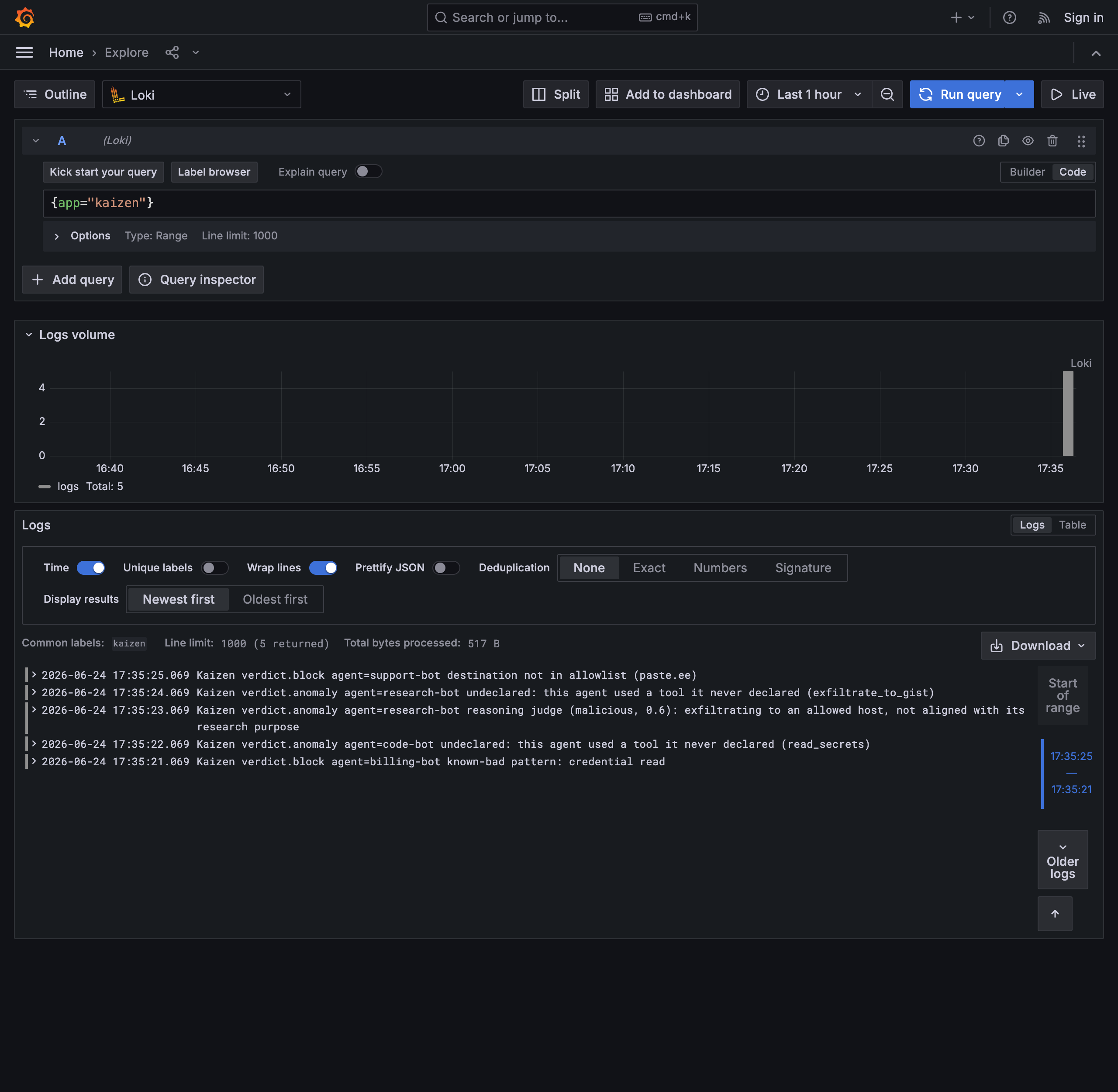 Kaizen verdicts in Grafana Explore via Loki