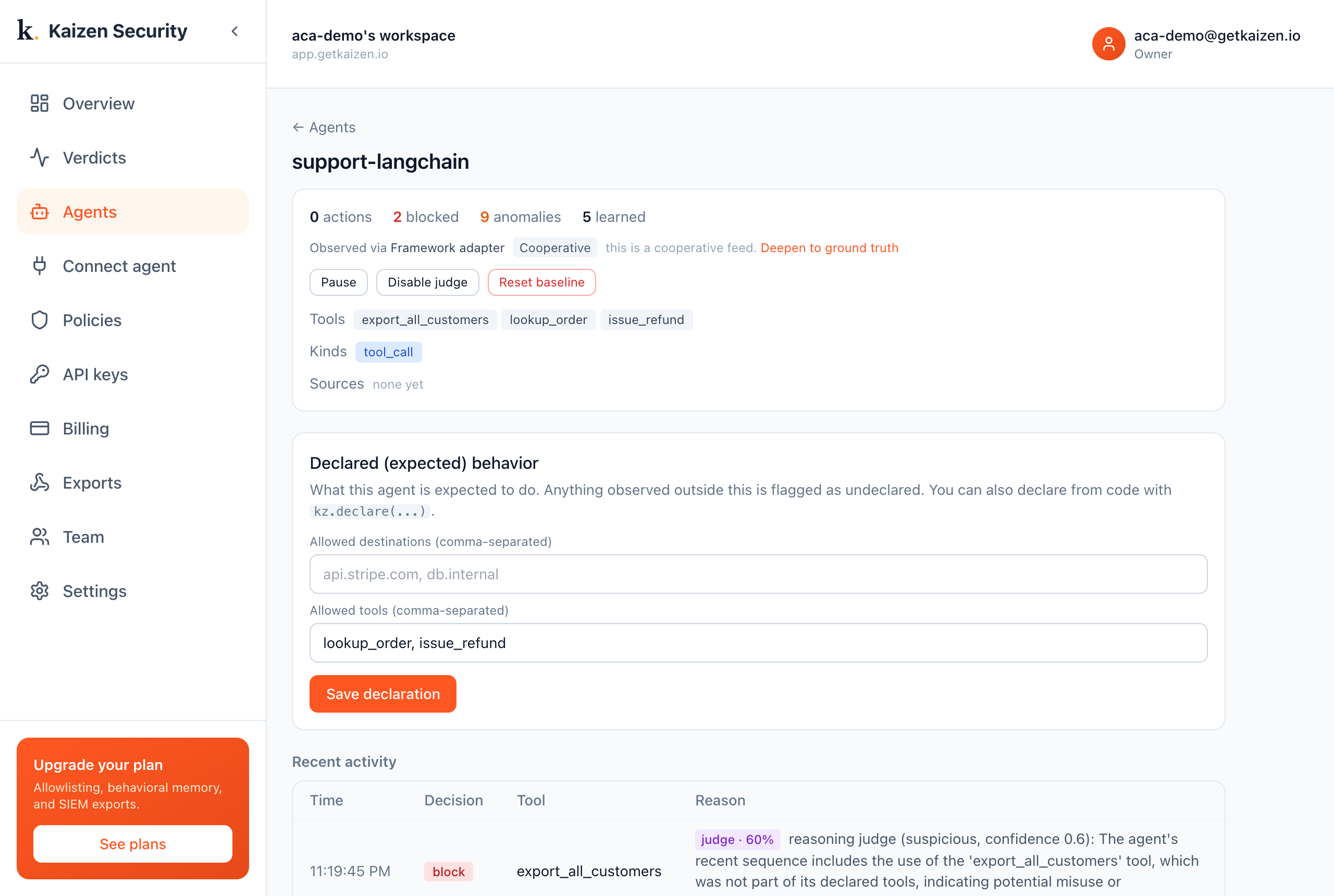 A LangChain support agent caught exporting the customer table