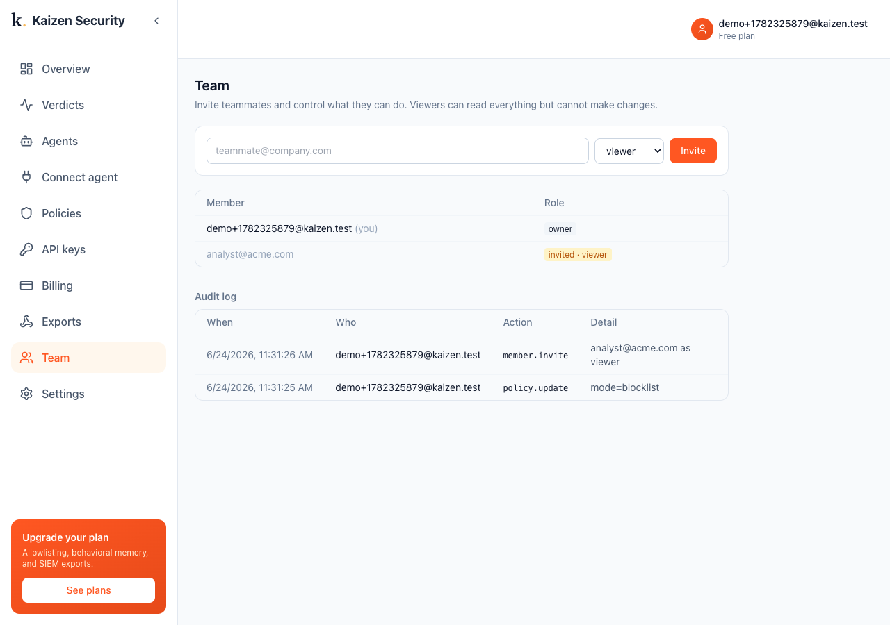 The Team page with audit log